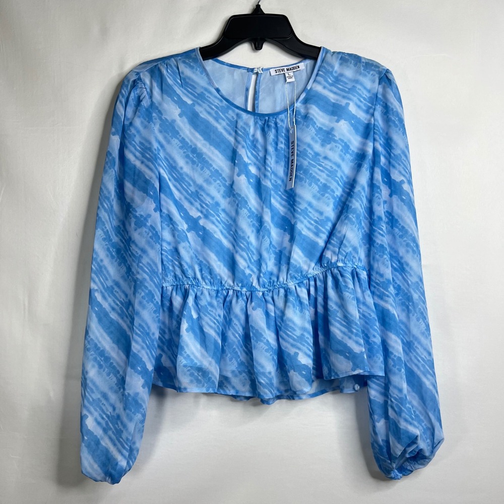 Steve Madden Peplum Top Womens L Blue Long Sleeve Tie Dye Chiffon Ethereal NWT